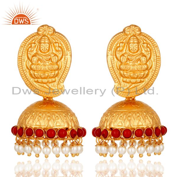 Gold Plated Sterling Silver Lakshmi Beautiful Ethnic Jhumkas Earrings With Pearl