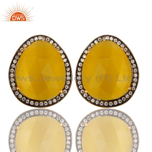 Yellow Moonstone And CZ Sterling Silver Stud Earrings With 18K Gold Plated
