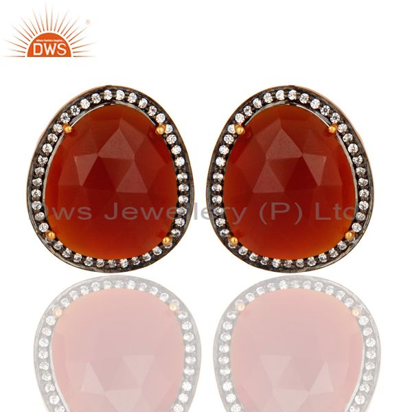 Faceted Red Onyx Gemstone And CZ Stud Earrings In 14K Gold On Silver
