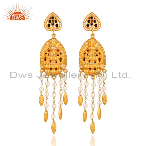 Handmade Sterling Silver Gold Plated Temple Jhumka Earring With Sapphire & Pearl