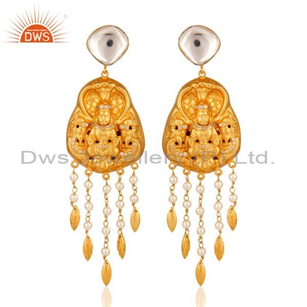 Yellow Gold Plated Silver Pearl And Crystal Polki South Indian Temple Earrings