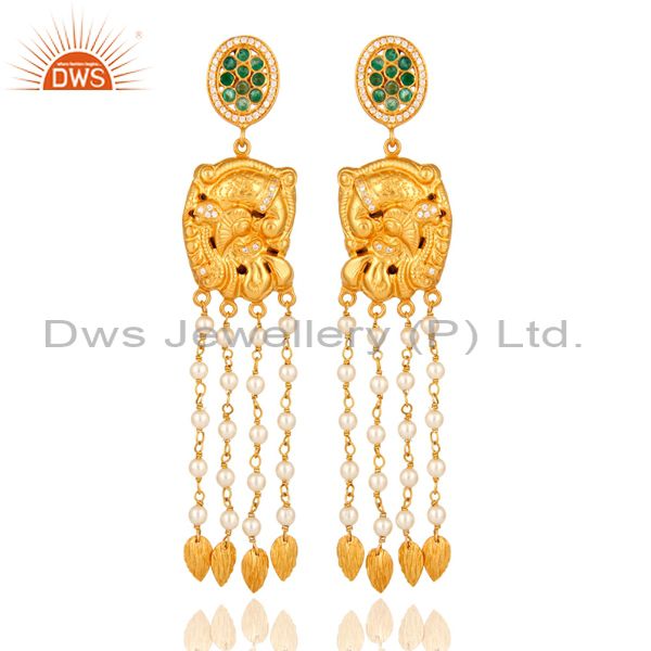 22K Gold Plated Sterling Silver Emerald Indian Traditional Chandelier Earrings