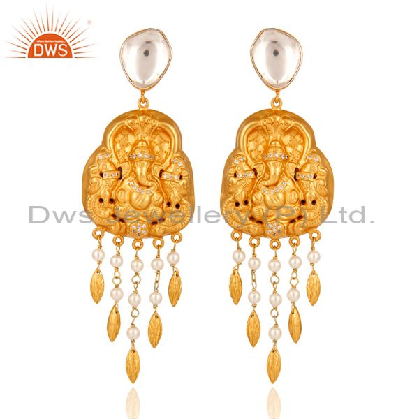 22-K Yellow Gold Plated Sterling Silver Ganesh Carved Earring - Temple Jewelry