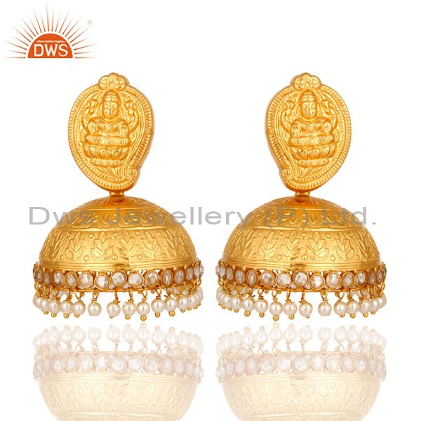 22K Yellow Gold Plated Temple Earrings Jewelry With Natural Pearl & CZ