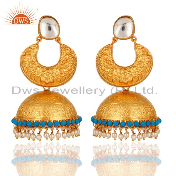 22K Gold Plated Sterling Silver Temple Jewelry Earrings With Turquoise & Pearl