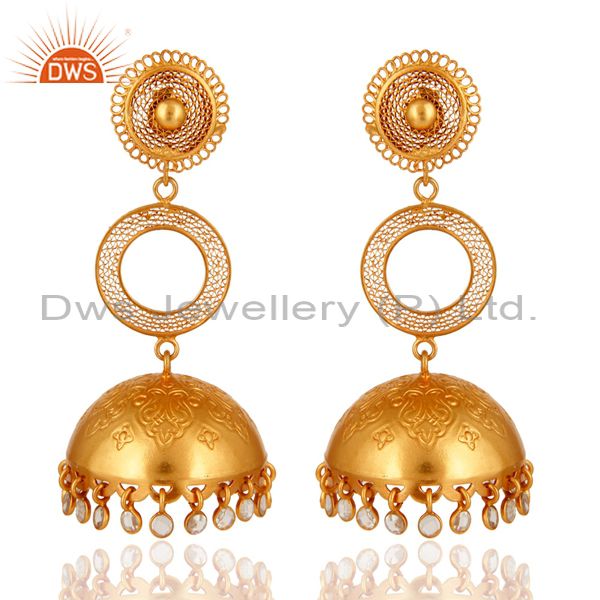 Designer Gold Plated 925 Silver Indian Ethnic Jhumka Earrings With CZ Polki