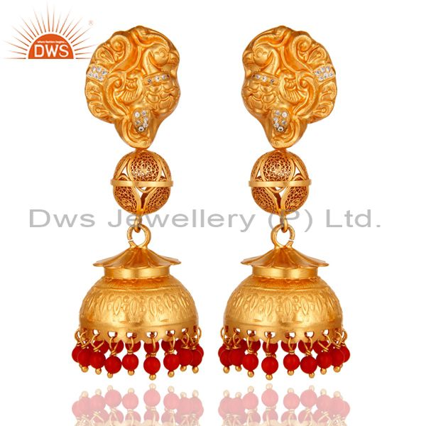 Coral Gold Plated Sterling Silver Designer Temple Dangle Earrings Gifts for Her