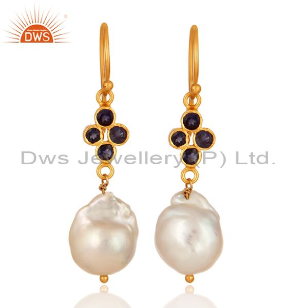 Gold Plated Sterling Silver Natural Iolite And Pearl Gemstone Hook Earrings