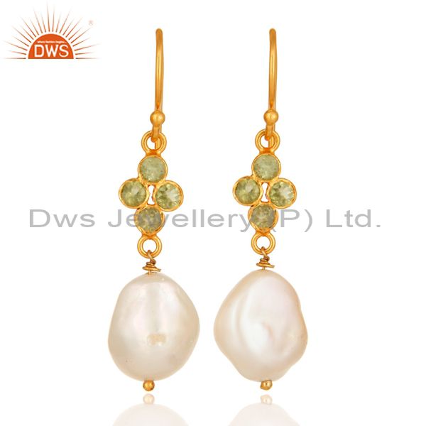 Sterling Silver Peridot And Natural Pearl Dangle Earrings - Yellow Gold Plated