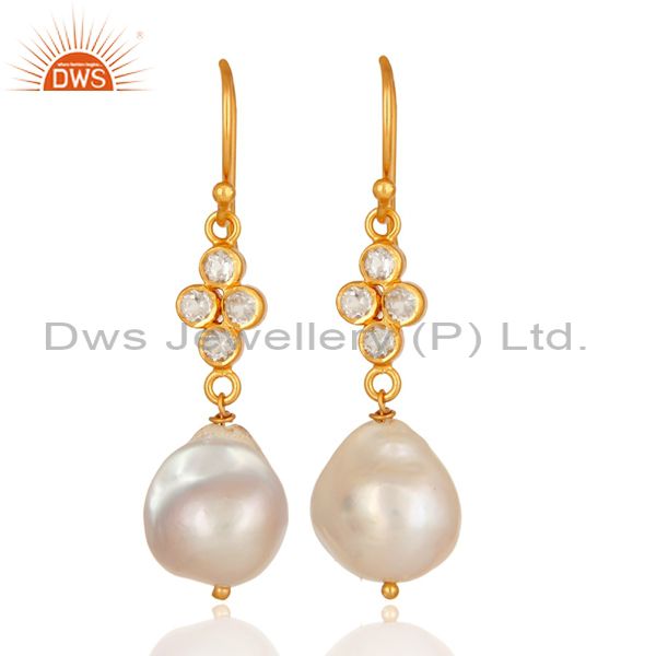 18k Gold-Plated Sterling Silver Genuine White Shell Pearl Earrings With Topaz