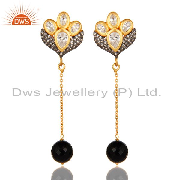 18K Gold On Sterling Silver CZ & Faceted Black Onyx Beads Dangle Chain Earrings