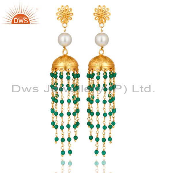 22K Gold Plated Sterling Silver Pearl And Green Onyx Designer Jhumka Earrings