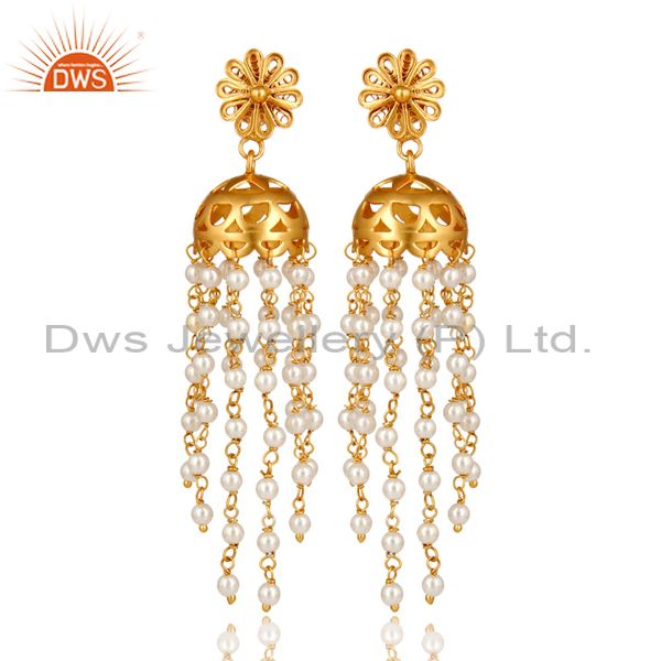 18K Yellow Gold Plated Sterling Silver White Pearl Bead Chain Chandelier Earring