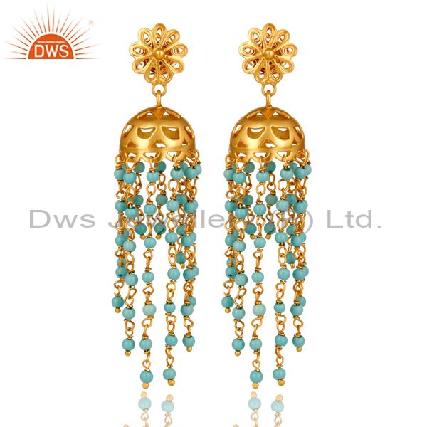 18K Yellow Gold Plated Sterling Silver Turquoise Beads Chain Chandelier Earrings