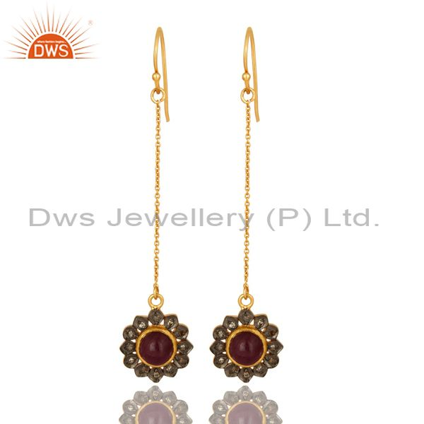 Natural Ruby Pave Diamond Sterling Silver Long Dangle Earrings - Gold Plated