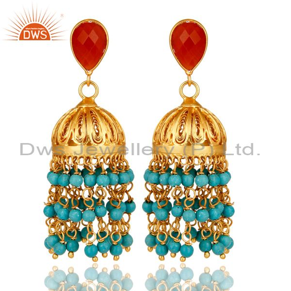 22K Yellow Gold Plated Sterling Silver Red Onyx And Turquoise Jhumka Earrings