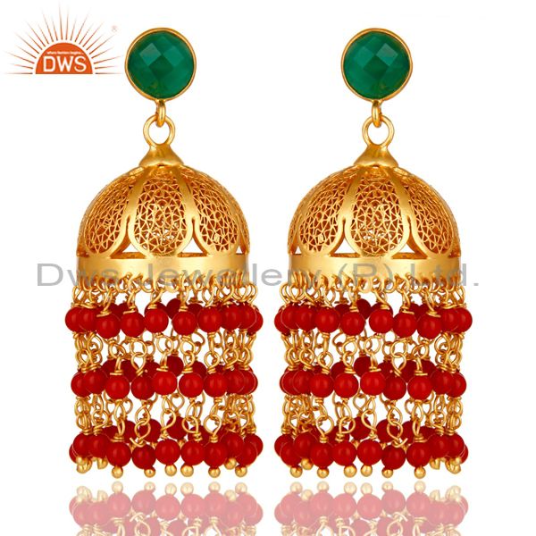 22K Yellow Gold Plated Sterling Silver Red Coral And Green Onyx Jhumka Earrings