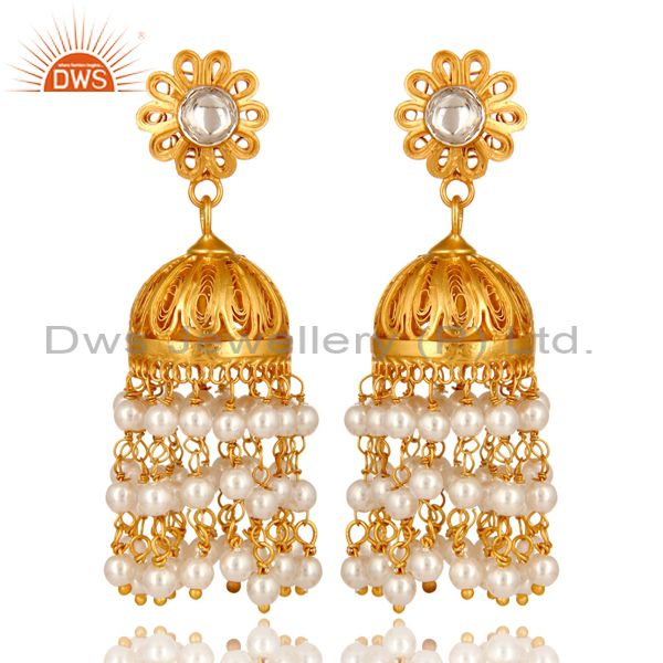14K Gold Plated Sterling Silver Pearl Beads And Crystal Quartz Jhumka Earrings