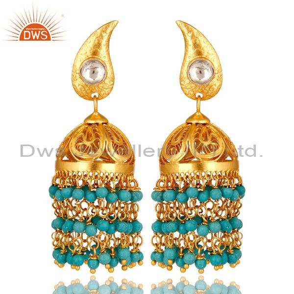 14K Gold Plated Sterling Silver Turquoise Beads And Crystal Polki Jhumka Earring