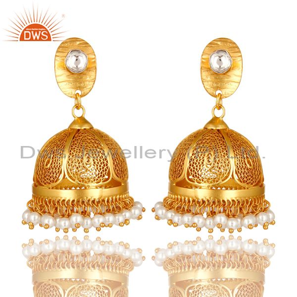 22K Yellow Gold Over Sterling Silver CZ Polki And Pearl Designer Jhumka Earrings