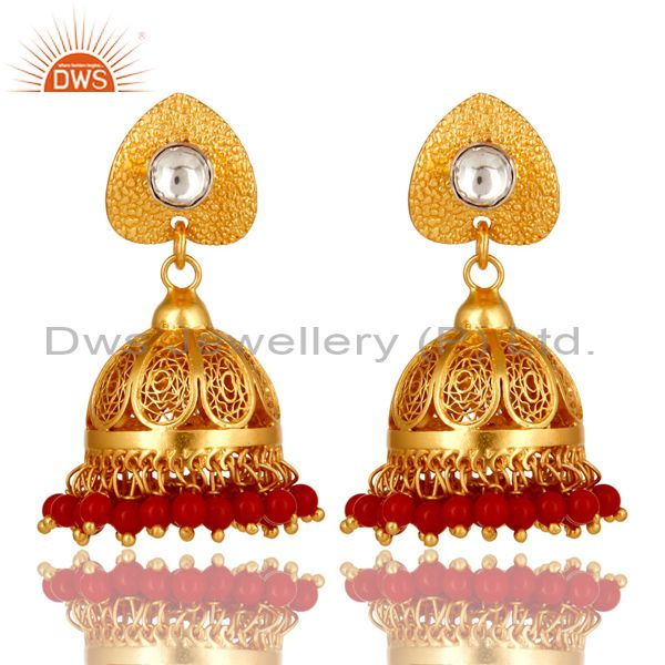 22K Gold Plated Sterling Silver CZ Polki And Red Coral Designer Jhumka Earrings