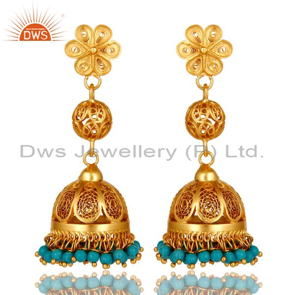 22K Yellow Gold Plated Sterling Silver Turquoise Ethnic Designer Jhumka Earrings