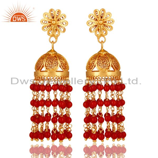 14K Gold Plated Sterling Silver Red Coral Traditional Designer Earrings