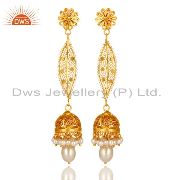 Shiny 14K Yellow Gold Plated Sterling Silver Pearl Long Dangle Jhumka Earrings