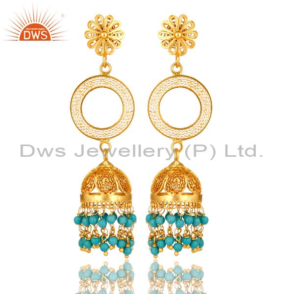 14K Yellow Gold Plated Sterling Silver Turquoise Filigree Jhumka Dangle Earring