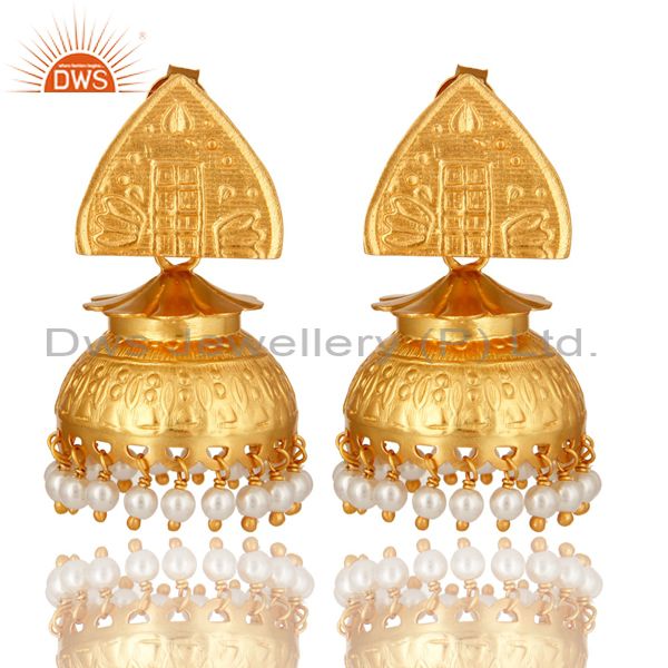 14K Gold Plated Sterling Silver Natural Pearl South Indian Jhumka Earrings