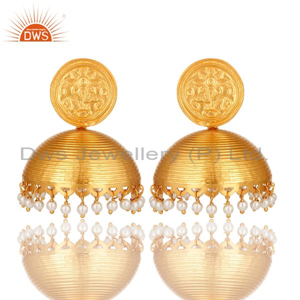 Designer Pearl Jhumka Earrings 18K Yellow Gold Plated Sterling Silver Jewelry