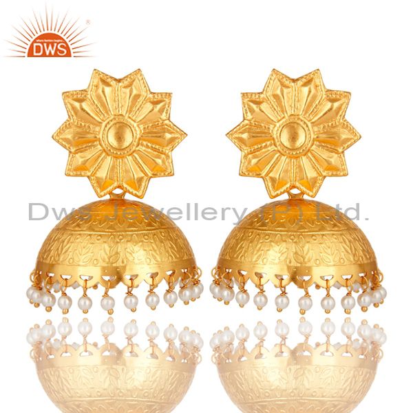 Beautiful Hand Crafted Sterling Silver Pearl Jhumka Earrings With Gold Plated