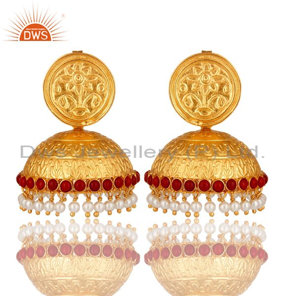 Red Coral And Pearl Traditional Style Jhumka Earrings Made In 18K Gold On Silver