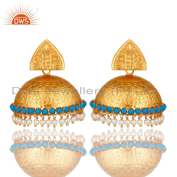 18K Gold Over Sterling Silver Turquoise And Pearl South Indian Temple Earrings