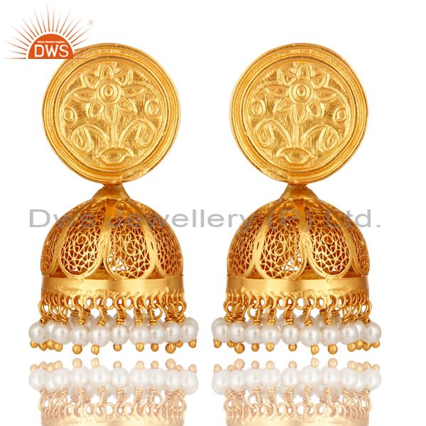 Natural Pearl 22K Gold Plated Sterling Silver Filigree Jhumka Temple Earrings