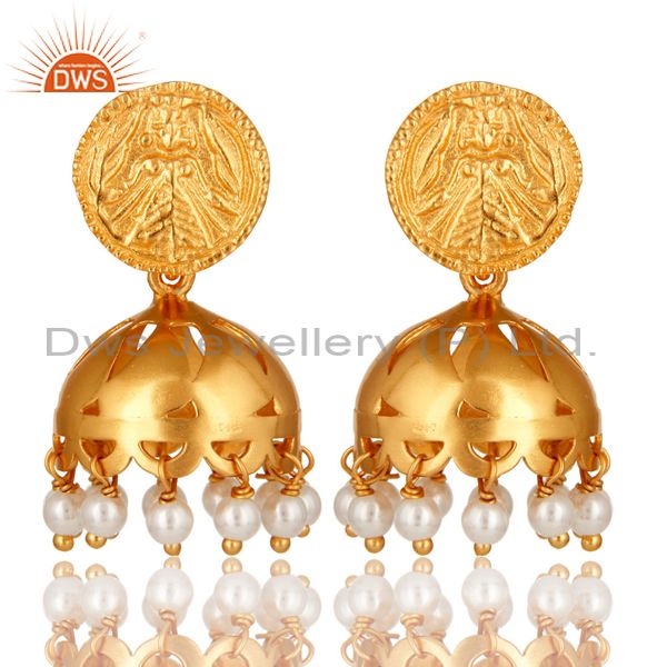 18K Gold Plated Sterling Silver Natural Pearl Jhumka Traditional Earrings