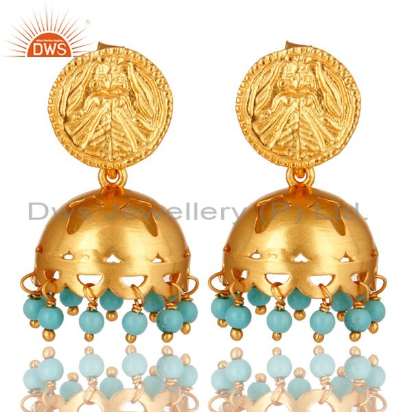 22K Yellow Gold Plated Sterling Silver Turquoise Gemstone Beads Jhumka Earrings