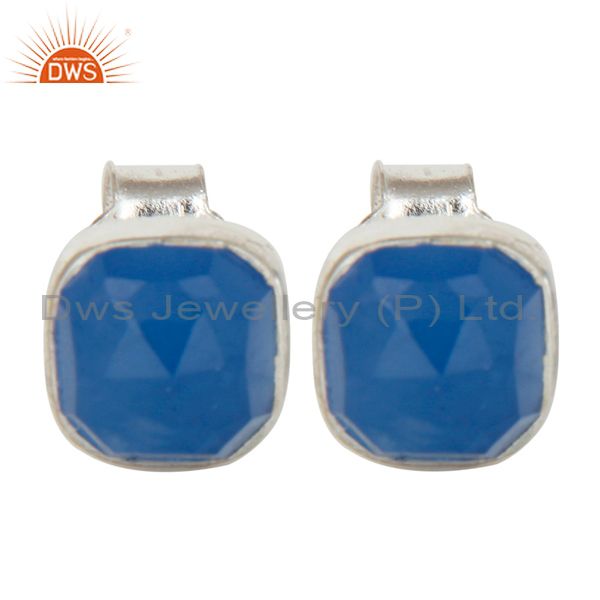 925 Sterling Silver Aqua Blue Chalcedony Gemstone Stud Earrings