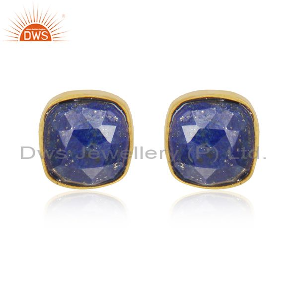 Natural Lapis Lazuli Gemstone Stud Earrings In 18K Gold Over Sterling Silver