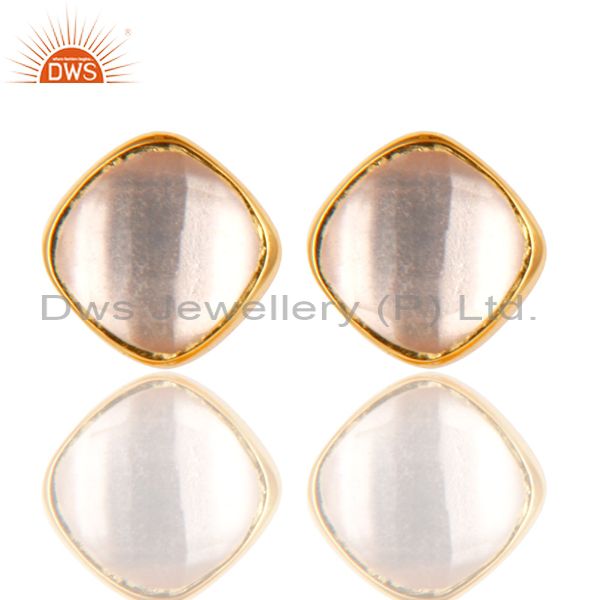 14K Yellow Gold Plated 925 Sterling Silver Rose Quartz Womens Stud Earrings