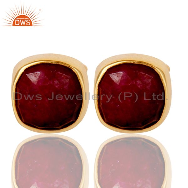 Natural Ruby Corundum 18K Yellow Gold Plated Sterling Silver Stud Earrings