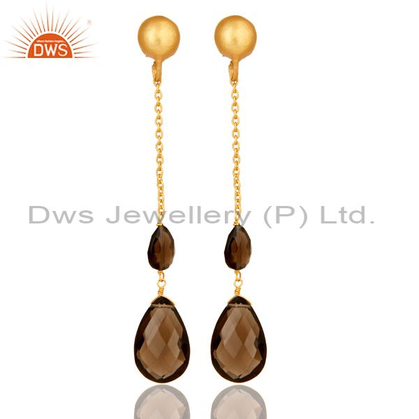 22K Yellow Gold Plated Sterling Silver Smoky Quartz Briolette Chain Drop Earring