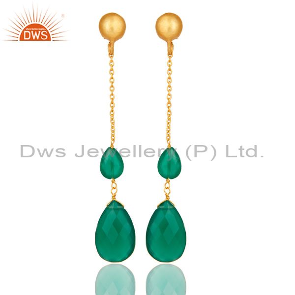 22K Yellow Gold Plated Sterling Silver Green Onyx Briolette Chain Drop Earrings