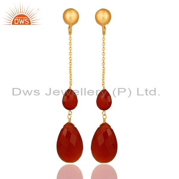 22K Yellow Gold Plated Sterling Silver Red Onyx Briolette Chain Drop Earrings