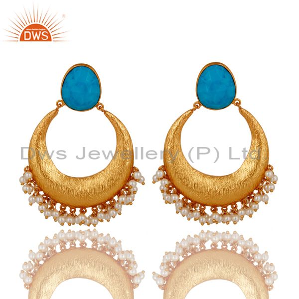 18K Yellow Gold Plated Sterling Silver Turquoise And Pearl Ethnic Dangle Earring
