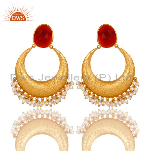 18K Yellow Gold Plated Sterling Silver Red Onyx And Pearl Ethnic Fashion Earring