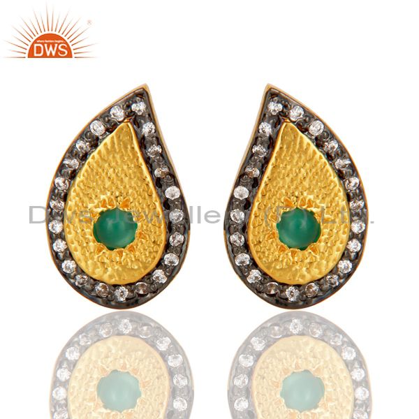 14K Yellow Gold Plated Sterling Silver Green Onyx And CZ Teardrop Stud Earrings