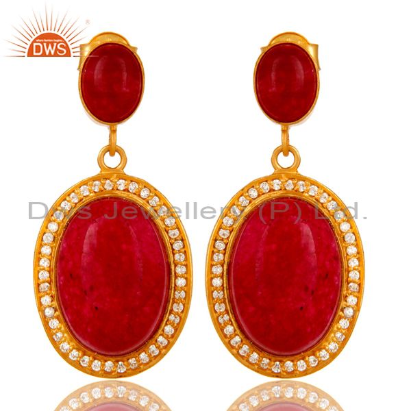 14K Yellow Gold Plated Sterling Silver Red Aventurine Dangle Earrings With CZ