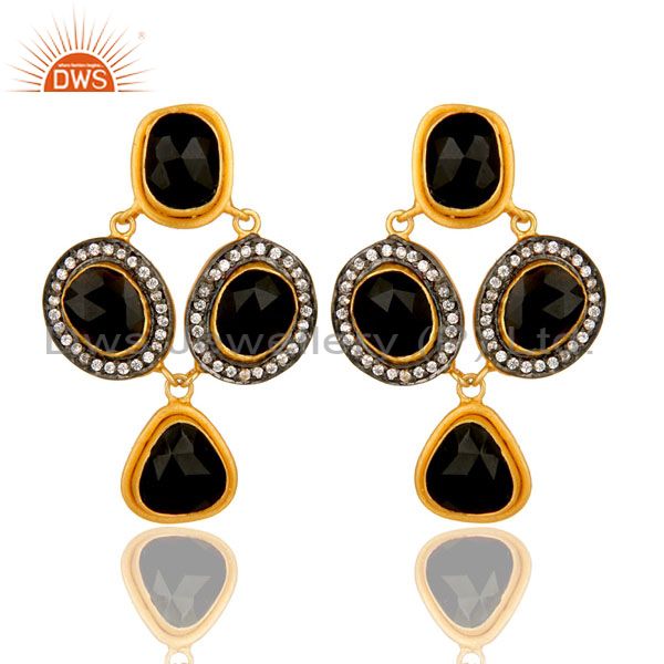 18K Yellow Gold Plated Sterling Silver Black Onyx And CZ Fashion Earrings