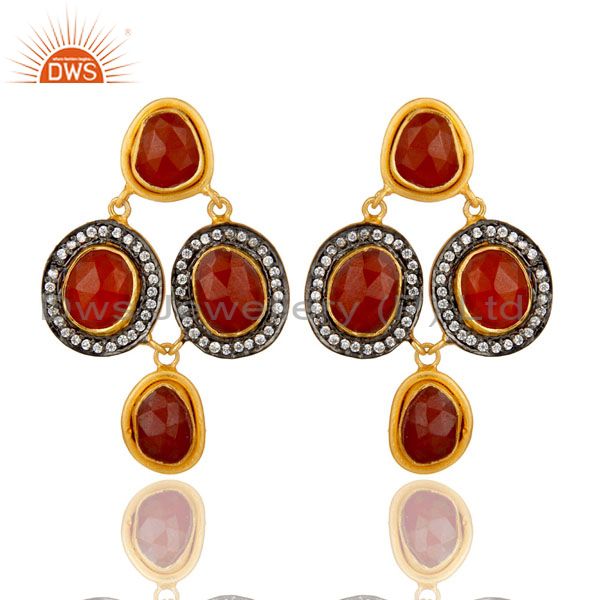 18K Yellow Gold Plated Sterling Silver Red Onyx And CZ Fashion Dangle Earrings